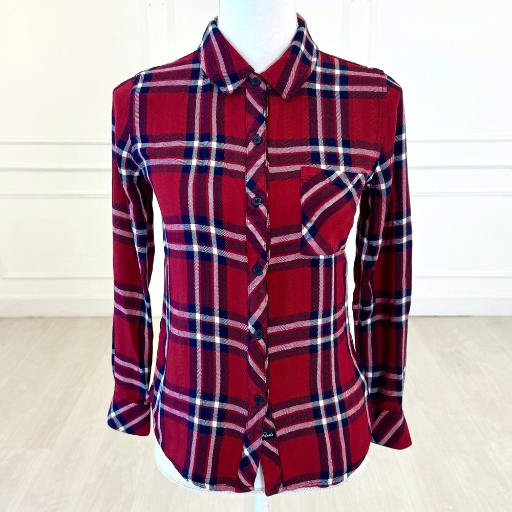 Rails Hunter Carmine Shirt Womens XS Red Navy White Plaid Rayon Button Down